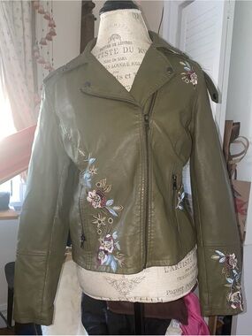 Kate & Mallory Olive Green Embroidered Faux Leather Moto Jacket